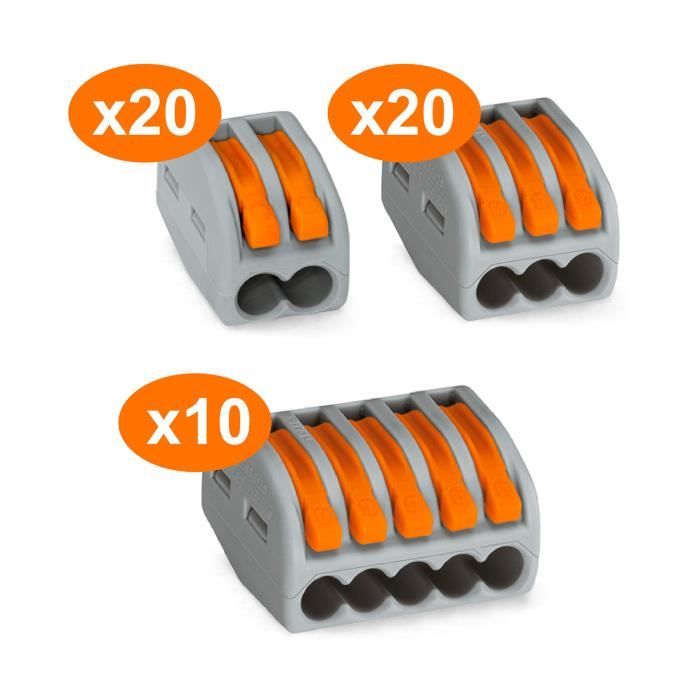 Assortiment de 50 mini bornes de connexion rapide à levier S222 pour fils rigides et souples - 20x 2 entrées + 20x 3 entrées + 10…