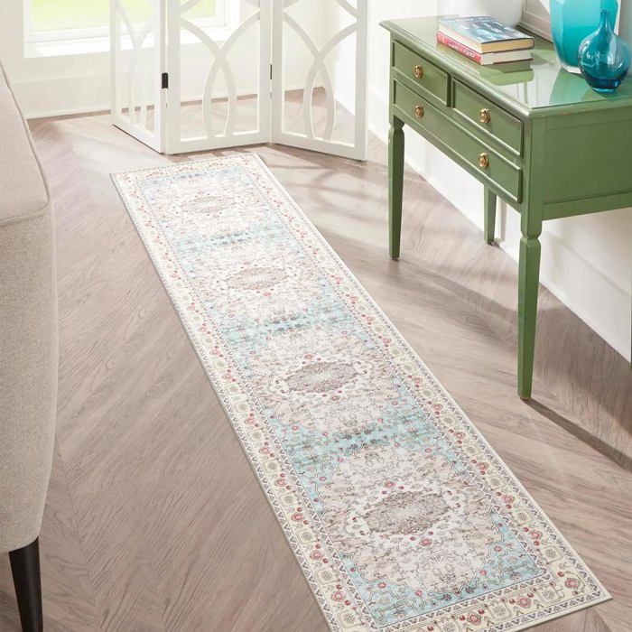 Tapis Couloir Carvapet 60x300cm Microfibre Lavable - Design Vintage Médaillon Bleu Antidérapant