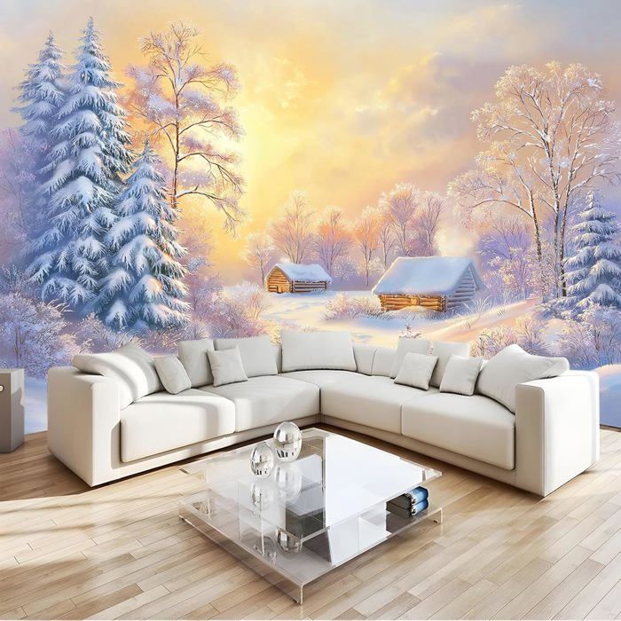 Tenture Murale Grand Format Paysage Neige Montagne Fleurs Lac - Décoration Bohème Pour Chambre, Salon Ou Plage - 130x150 Cm