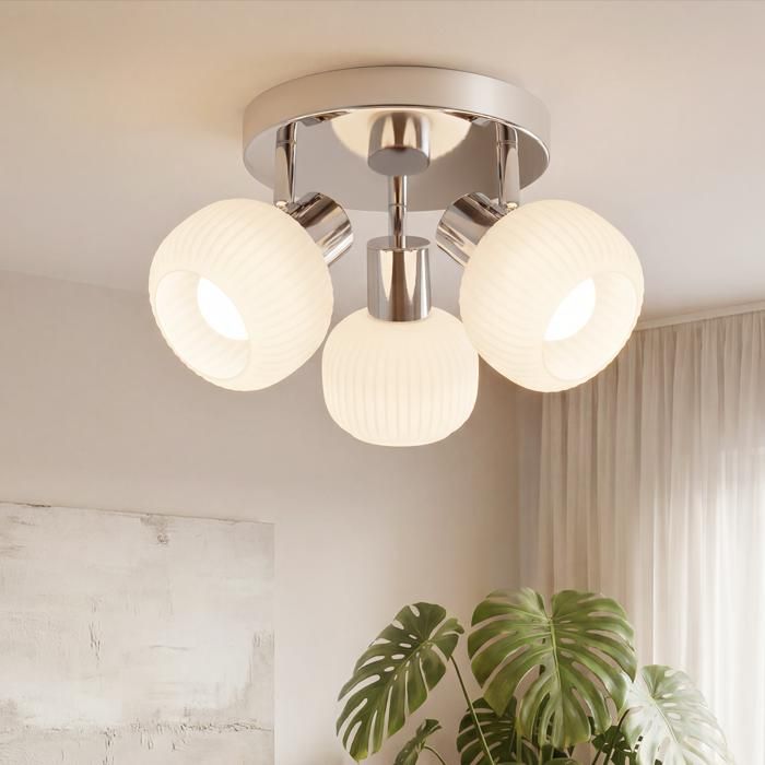 Plafonnier - NETTLIFE - E14 3 ampoules - blanc - abat-jour en verre - métal style scandinave