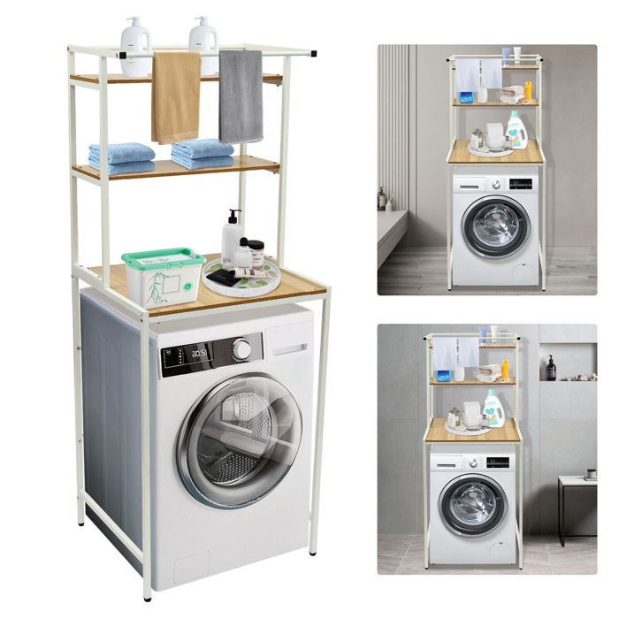 3 étages en bois au-dessus de la lave-linge et du sèche-linge Étagère de stockage étagère de salle de bain Étagère de stockage de