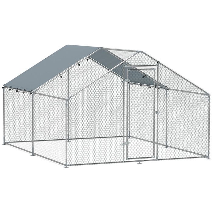 Meilleurs prix pour Poulailler - PawHut - porte verouillable - 10-15 poules - bâche imperméable et anti-UV - en acier galvanisé - 3x3,4x1,9m - argenté