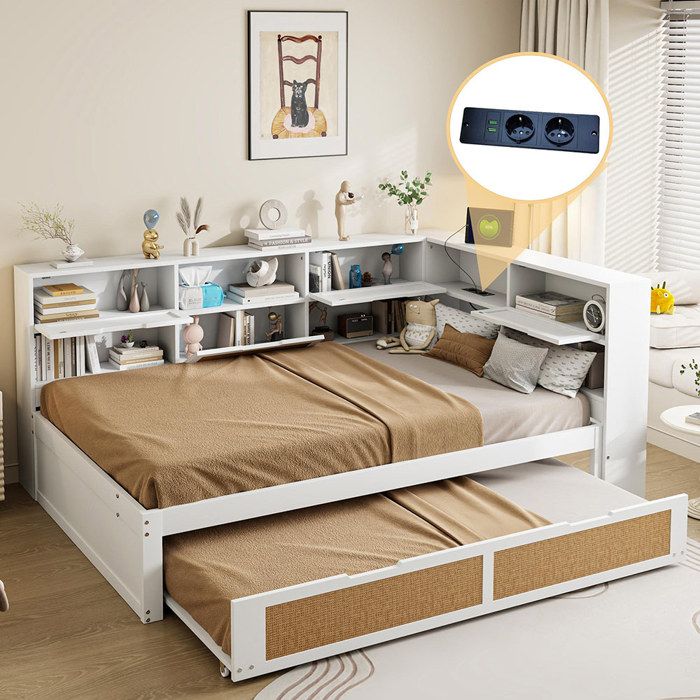 Lit combiné bois massif 140x200 avec lit gigogne Lit denfant avec de nombreux compartiments de rangement et prise de courant Blanc