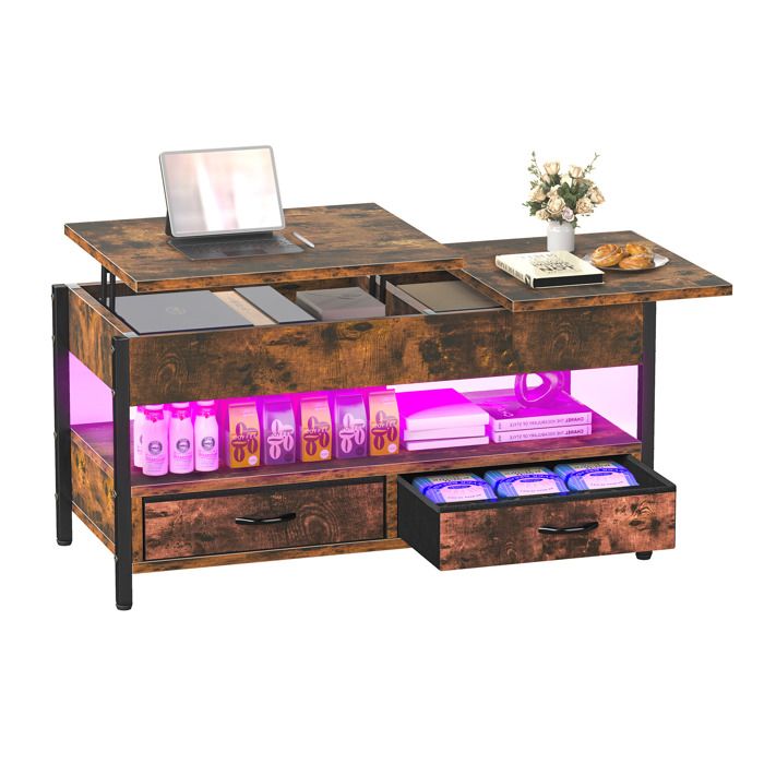 YITAHOME Table Basse Relevable Table Basse Salon avec Ruban LED RGB et 2 Tiroirs avec Plateau élévateur et Rangement Caché
