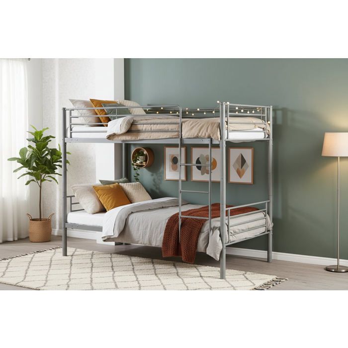 Pack Lit superposé séparable métal 2 couchages 90x190 cm gris + matelas LUNA