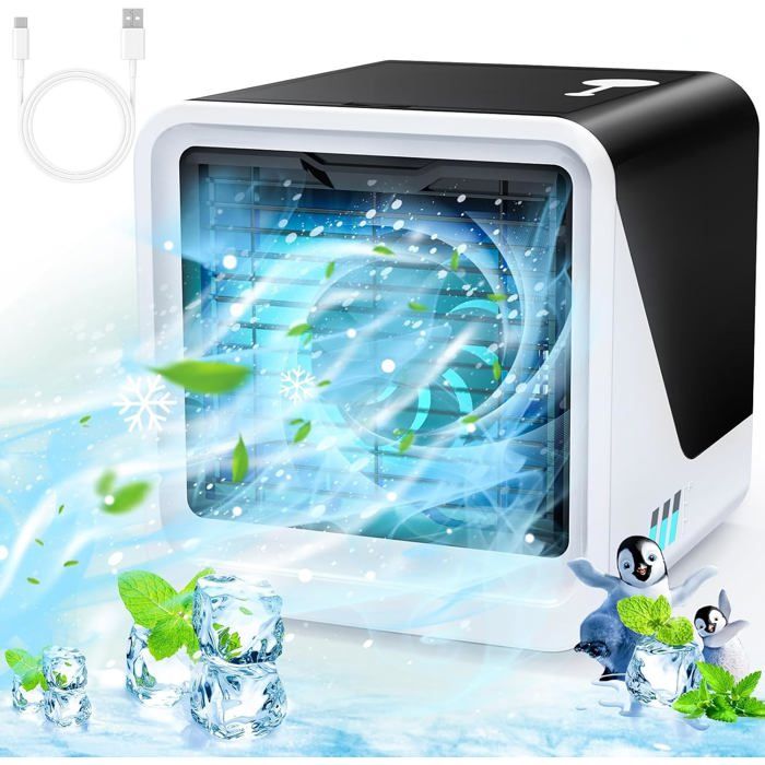Climatiseur mobile 3 en 1 de type Csilencieuxréservoir deau de 500 ml3 vitesses7 couleursveilleusesans tuyau dévacuation