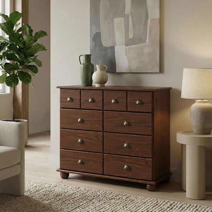Commode chambre COLMAR L 92 cm 8 tiroirs en bois massif brun foncé chiffonnier apothicaire rangement avec poignées en métal