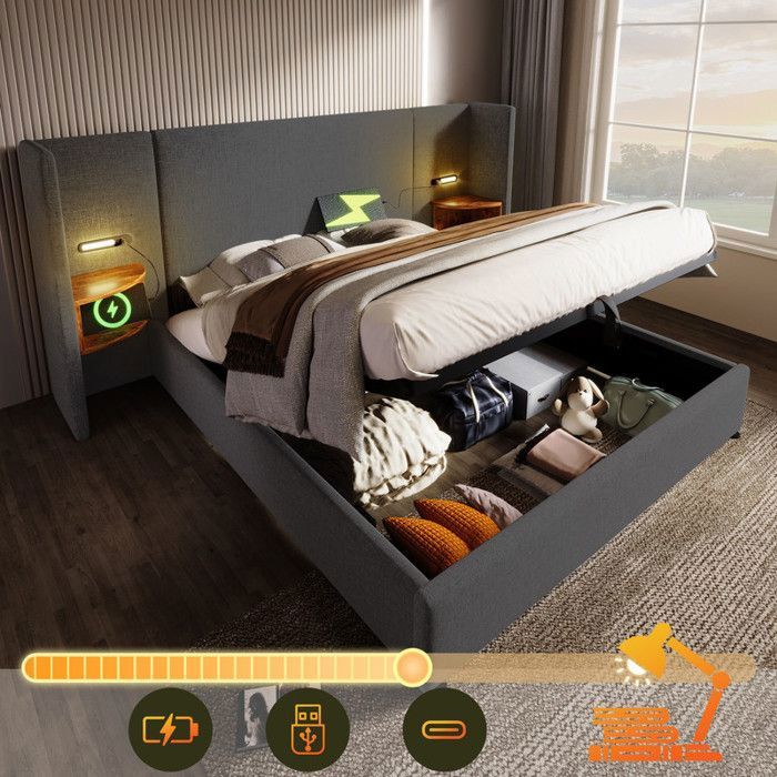 Lit double en bois 160 x 200 cm avec 2 tables de chevet, lit moderne