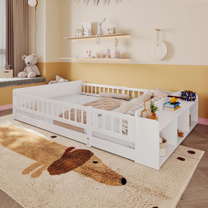 Lit Enfant 140x190 cm avec Rangement Ouvert Lit Double avec Sommier en Pin Lit 2 Personnes avec étagères Blanc