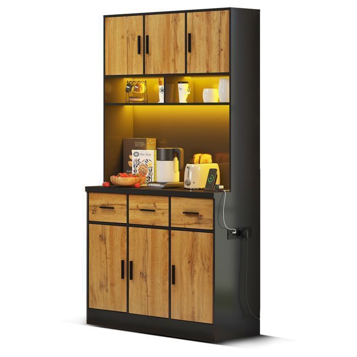 Armoire Buffet de Cuisine Haut Meuble de Rangement Vaisselier avec Éclairage LED Étagères Ajustables Bar à Café Noir et Naturel