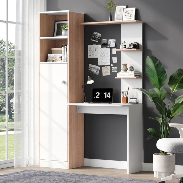 Table de travail/bureau avec stockage – blanc avec contraste en bois à pierre armoire inférieure avec portes et étagère supérieure