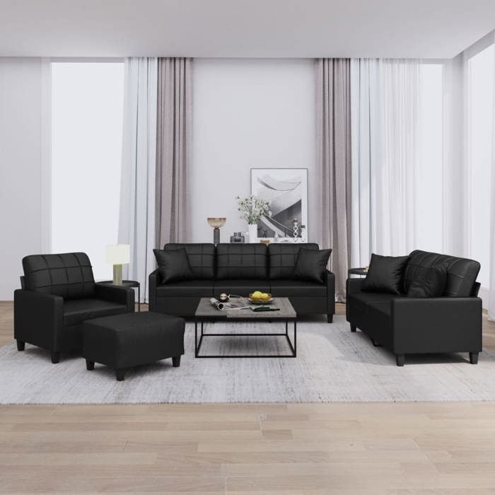 Ensemble de canapés similicuir - vidaXL - 4 pièces - Noir - Similicuir - Fauteuil - Canapé 2 places - Canapé 3 places