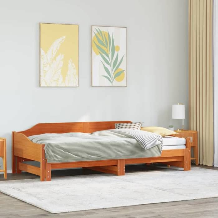 Lit de jour avec lit gigogne - UU - Bois massif - 90x200 cm - Cire marron - 2075x92x62 cm - 2075x184x62 cm étendu