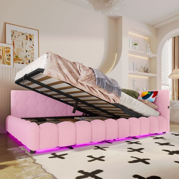 Lit banquette - SOGEU - 140x200 - Simili-polaire rose - Coffre hydraulique - LED multicolore + USB Type-C