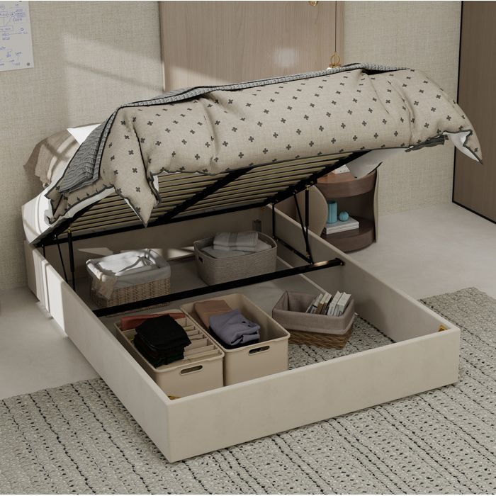 Lit 140x200 - Lit coffre adulte 140x200 -avec coffre à relevage. sommier intégré.tissu velours et structure métal -beige
