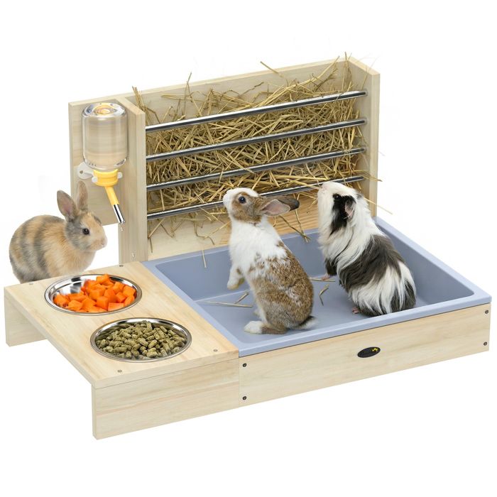 Comparer les prix de Râtelier à foin pour lapin - PawHut - mangeoire lapin 3 en 1 bac à litière et bouteille deau bols en inox - bois - naturel