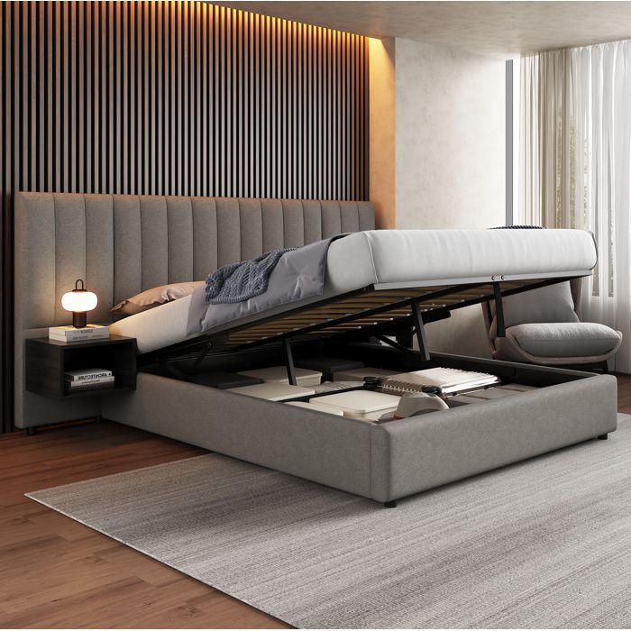 Lit coffre double gris/noir 160×200 cm avec sommier inclus 2 tables de chevet structure stable