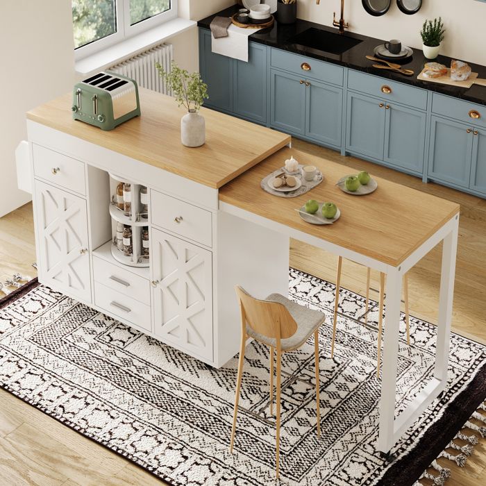 Meuble Bar de Cuisine Mobile avec Table Haute Extensible 4 Tiroirs Étagères Ajustables et Rangement Latéral - MERAX Meuble Bar de Cuisine Mobile avec Table Haute Extensible 4 Tiroirs Étagères Ajustables et Rangement Latéral - MERAX