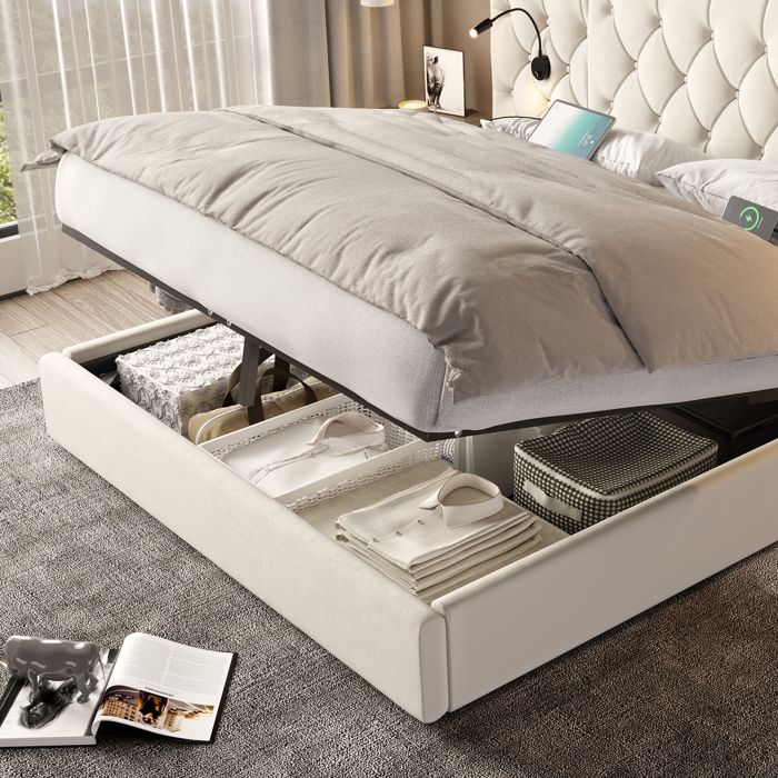 Lit Coffre Beige 160x200cm Tête de Lit XXL Velours Lampes de Lecture Ports USB Système Hydraulique Rangement