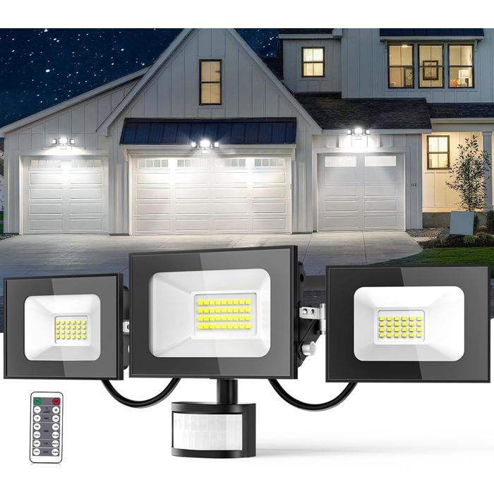 Projecteur LED extérieur - EVERWOL - 100W 10000Lm - 3 têtes ajustables - Détecteur de mouvement PIR - Étanchéité IP65