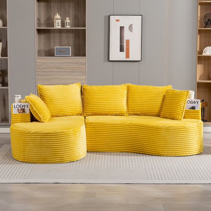 Canapé dangle modulable 3 Places Velours Côtelé Jaune moutardeCanapé en L Compressé salon avec Porte-GobeletRangement et Coussin