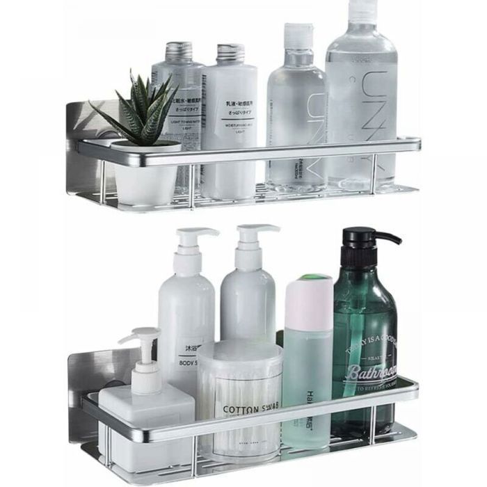 2 pièces - Étagère de douche argentée - Étagère de salle de bain auto-adhésive en aluminium inoxydable - 4 crochets inclus - Organi