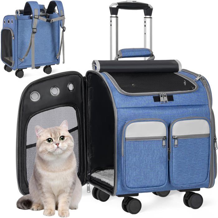 Sac à dos/trolley 2 en 1 pour chien chatavec roulettes et maille respirante.Poussette de voyage pour petits et moyens animaux(bleu)