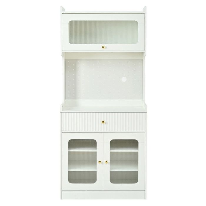 Buffet Cuisine Blanc Armoire Haute MDF PB 80×40×180cmVerre CanneléÉclairage LED Panneau PerforéRangement FlexibleCoins Arrondis