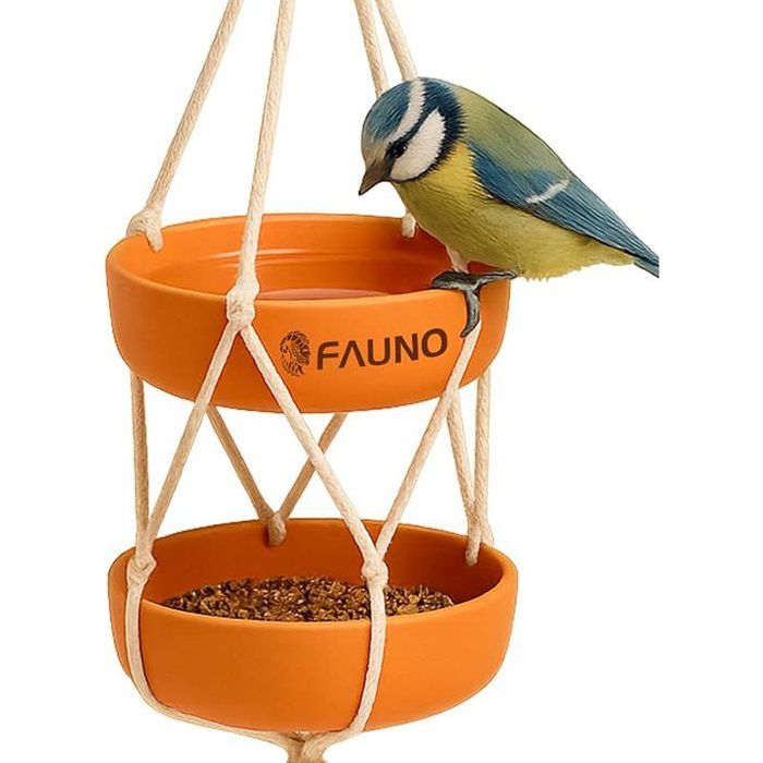 Mangeoire dextérieur Suspendue avec Double Plateau en Fibre de Bambou et Corde en Coton pour Jardin Balcon et terrasse Feeder
