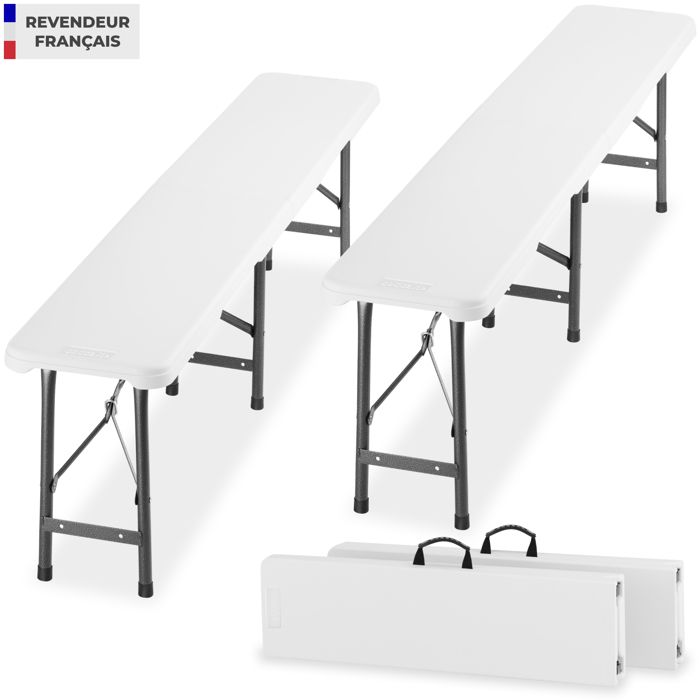 Bancs de brasserie - TECTAKE - Lot de 2 bancs PANJA pliables et résistants aux intempéries en acier 180 x 275 x 42 cm - Blanc