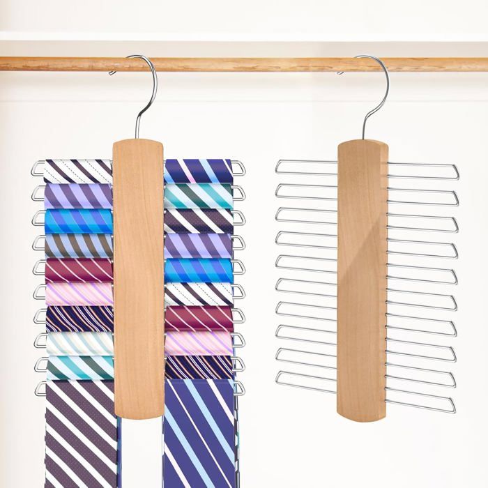 Porte-cravates en bois massif - lot de 2 20 barres pivotantes 360° - range-cravates ceintures et foulards - 16 x 30 x 12 cm