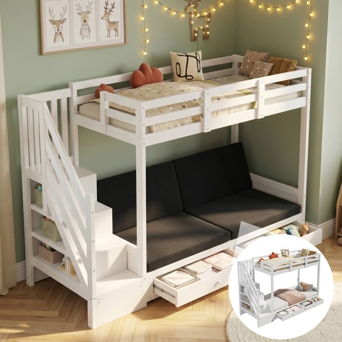 Lit mezzanine 2 tiroirs avec rangement réglable pliable bois massif 2575 x 95 x 165 cm Blanc