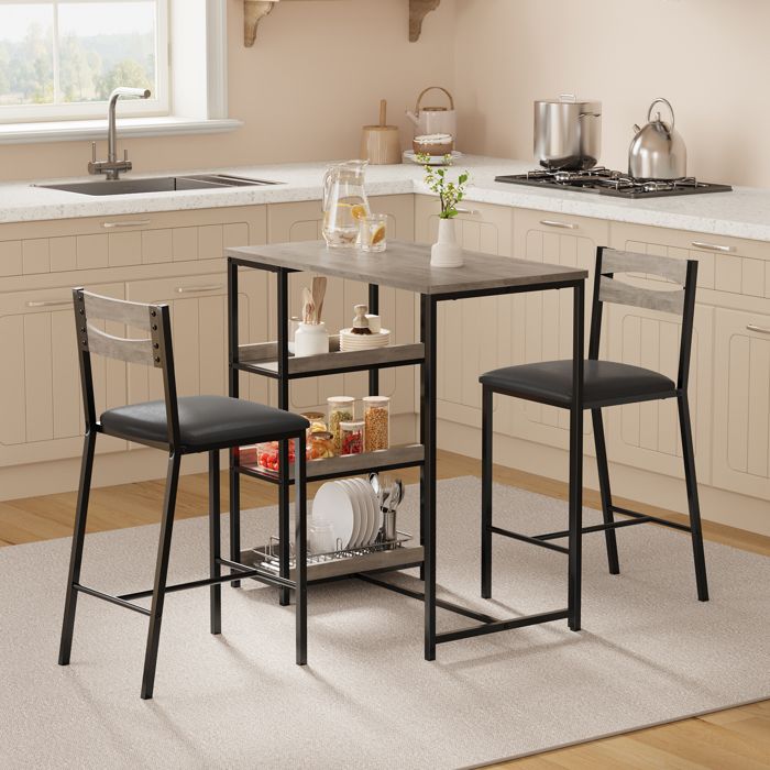 Ensemble table cuisine 3 pièces gris 2 chaises rembourrées fer bois rangement compact petit espace appartement condo salle à manger