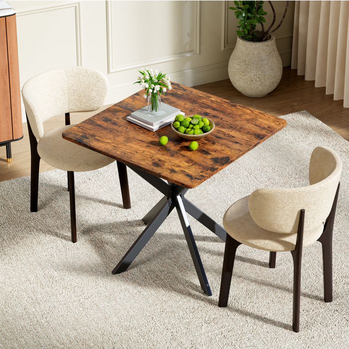Table carrée style industriel 80x80 cm avec plateau aspect bois marron et piètement métal en X stable ORVRYN