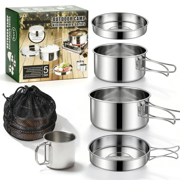 Kit De Casseroles Camping: 5PCS Portable Set De Cuisine De Camping En Acier Inoxydable Léger Campings Batterie De Cuisine Pour Ou