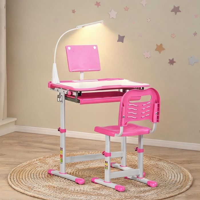 Ensemble bureau et chaise enfant réglable en hauteur avec lampe LED et support de lecture rose