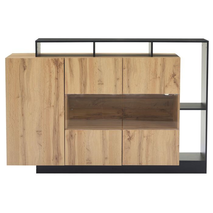 Buffet LED moderne - aspect bois et cadre noir - commande Bluetooth - MDF - 140 x 44 x 935 cm