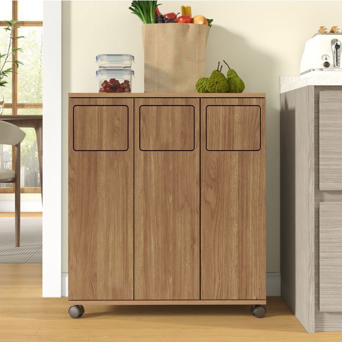 WUVRIE Meuble poubelle de cuisine 3 portes tri sélectif 3 compartiments sur roulettes aspect chêne 693 x 35 x 803 cm
