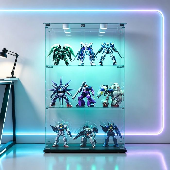 Vitrine en verre 3 étagères avec éclairage LED et serrure 2 portes meuble de collection pour salon 78 x 35 x 123 cm noir