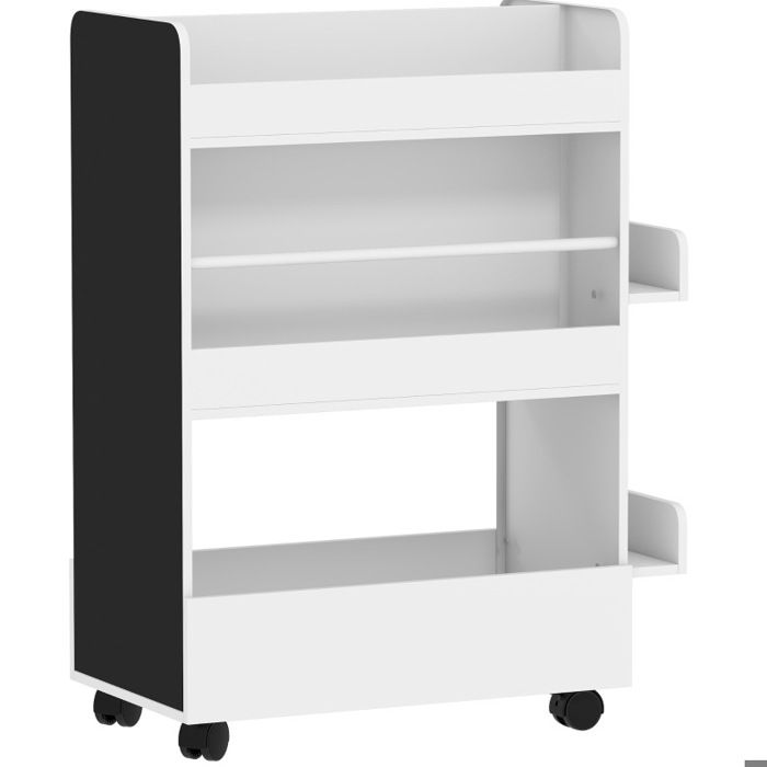 Bibliothèque enfant – étagère à livres à roulettes avec tableau noir 4 étagères blanc 66 5 x 32 5 x 86 5 cm