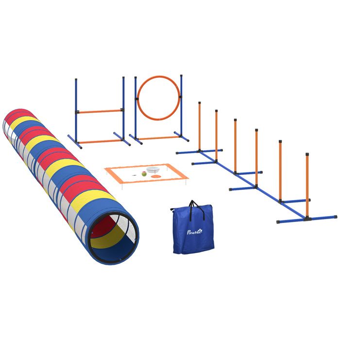 Équipement dagilité pour chien - PawHut - 12 pièces 4 tunnels sauts ajustables anneau - PE oxford - 357x65x68cm - multicolore
