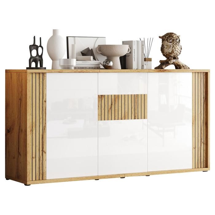 Buffet Moderne Armoire de Salon avec 3 Portes Aspect Ondulé Meuble de Rangement Haute Brillance 140x35x71cm Blanc + Naturel