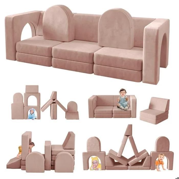 OUDian Canapé Lit Enfant Rose Pâle Canapé Enfant Convertible Avec 13 Modules Futon Pliable Pour Chambre D’enfant Et Salle De Jeux
