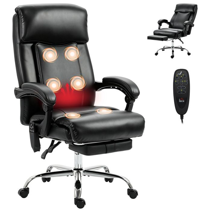 Fauteuil de bureau - HOMCOM - massant vibrant et chauffant hauteur réglable dossier inclinable - PU - 64 x 59 x 120 cm - noir