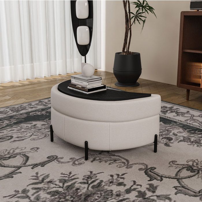 Pouf demi-lune coffre de rangement – chenille beige – table dappoint tabouret rembourré repose-pieds