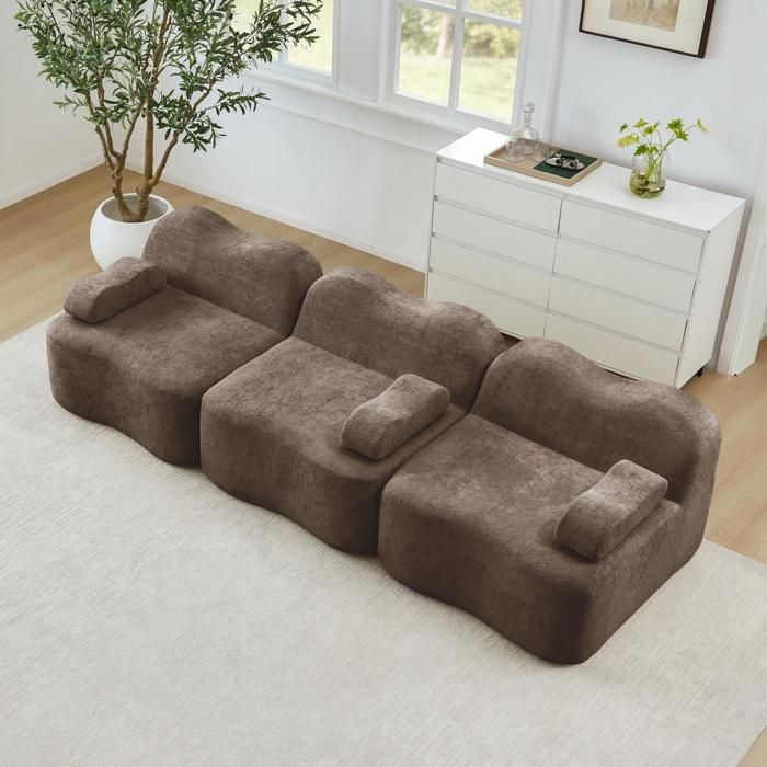 Canapé 3 Places - 288x98x70 cm - Canapé Droit Modulable Velours Mousse 32D Sans Structure Rigide et Coussins Amovibles - Marron