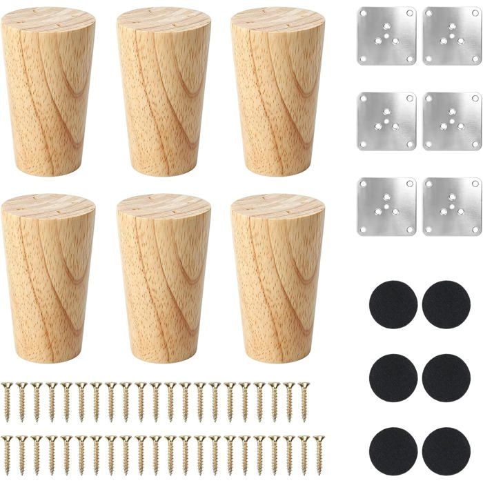 Lot de 6 pieds de meuble en bois 8 cm - socles universels pour canapé avec embase antidérapante - finition bois naturel - 6 pièces