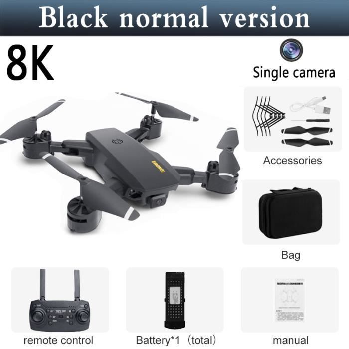Noir - drone professionnel 4K HD grand angle, Caméra à cardan