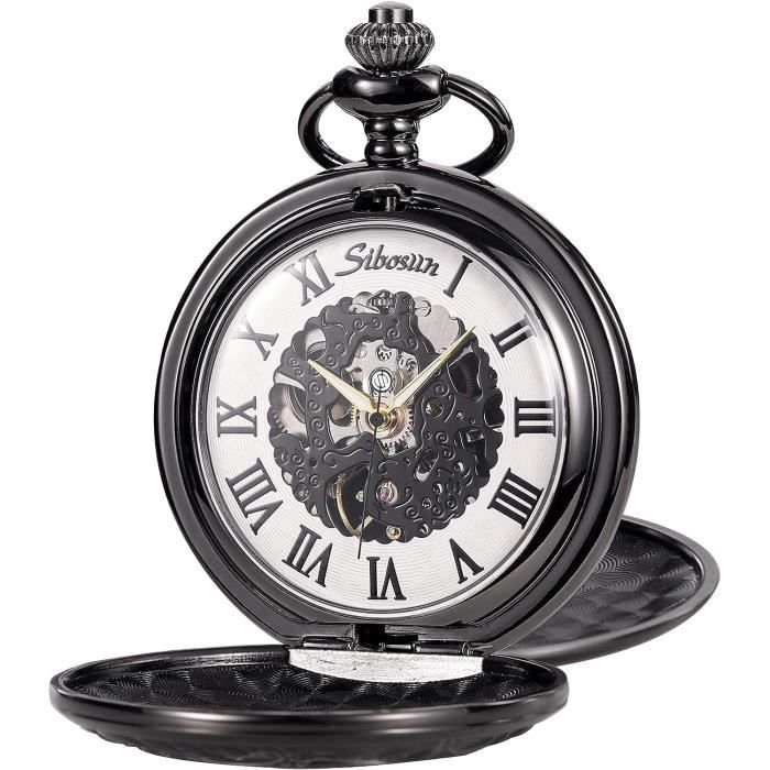 Montre De Poche Mécanique Vintage Squelette – Chiffres Romains, Chaîne Incluse, Remontage Manuel, Cadeau Anniversaire/Noël