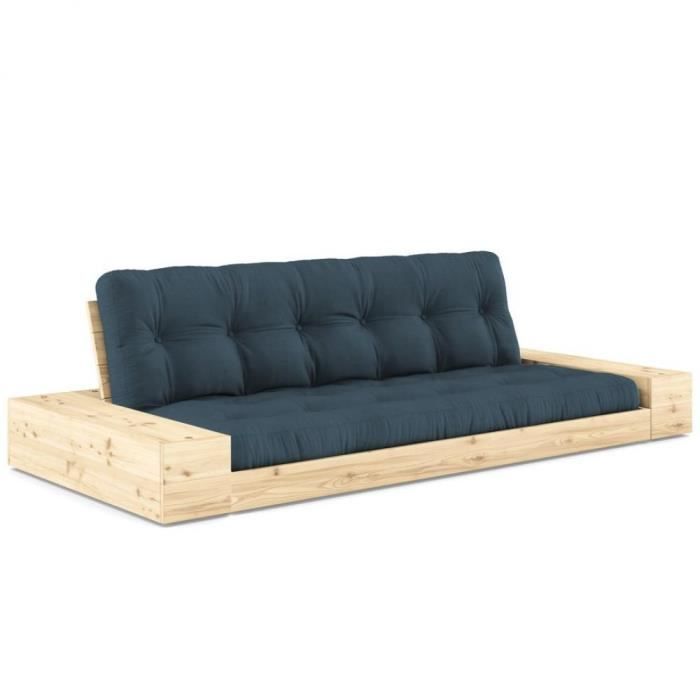 canapé lit futon base pin massif couchage transversale 130 cm 2 caissons latérales matelas bleu pétrole bleu laine inside75